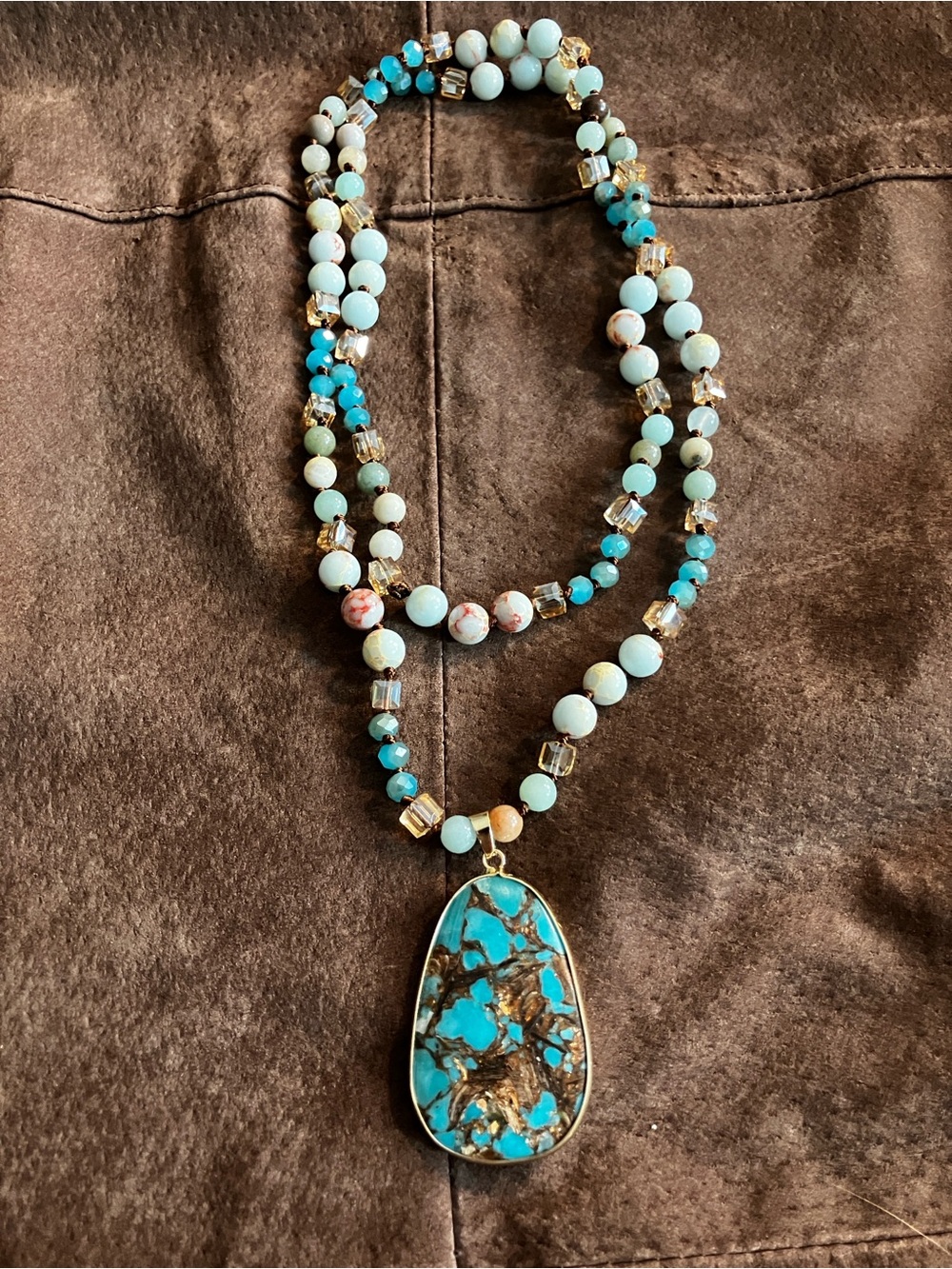 Turquoise Bead Pendant Necklace - Blue Green Multi-Bead Statement